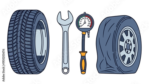Tire changing equipment with wrench and pressure gauge vector graphic illustration