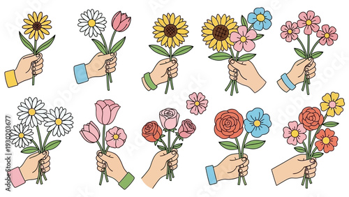 Colorful vector graphic illustration of hands holding various flower bouquets and single stems