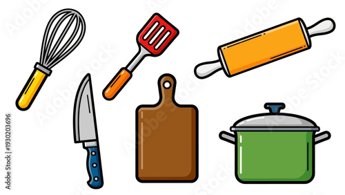 Colorful vector illustration of kitchen utensils and cooking tools on white background