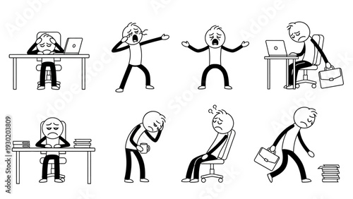 Office worker stress and frustration illustrated in various cartoon styles and poses