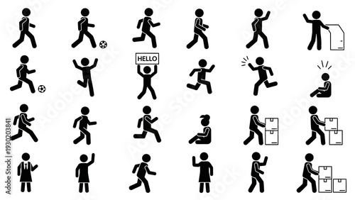 Black stick figures performing various actions and activities in a set