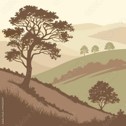 Earthy Tones Landscape Illustration with Rolling Hills, Lush Green Pastures, and Majestic Tree