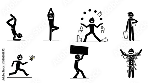 Stick figures performing various actions and daily activities in black and white