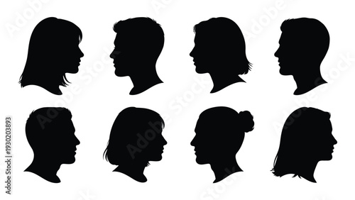 A group of seven black silhouette portraits isolated on white background, Vector