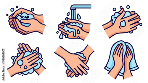 Vector graphic illustration of hands performing various steps to wash and clean properly
