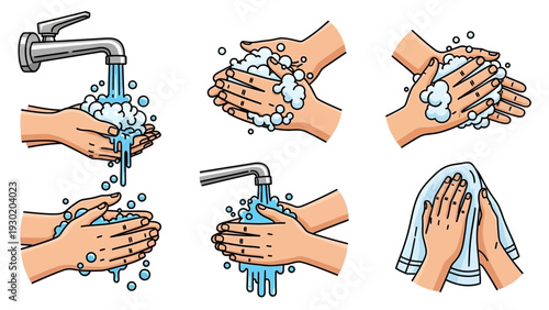 Hand washing steps illustrated with soap and water under faucet