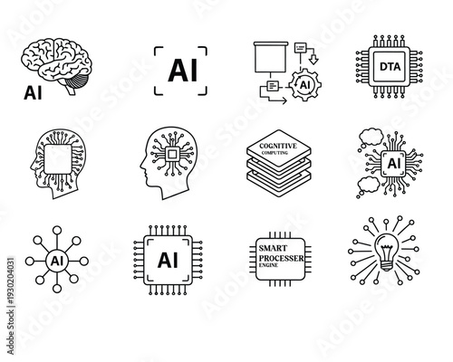 Artificial intelligence icons and symbols illustration