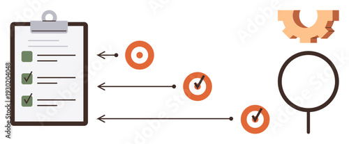 Productivity, quality management, task organization. Vector illustration. Business workflow, target achievement, analysis. Checklist and arrows leading to targets with gear and magnifying glas