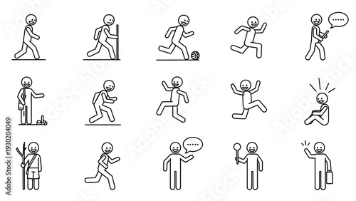 Stick figures performing various actions and sports activities in simple line art style on white background