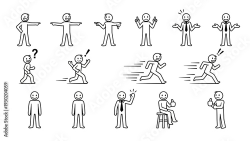 Various stick figures with different poses and expressions on a white background
