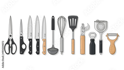 Various kitchen utensils and tools for cooking and food preparation on display