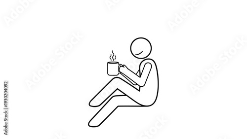 Simple stick figure illustration of a person relaxing with a steaming hot beverage