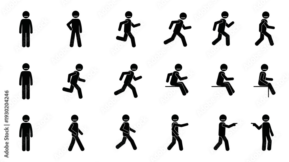 Fototapeta premium Black stick figures in various poses and actions on white background