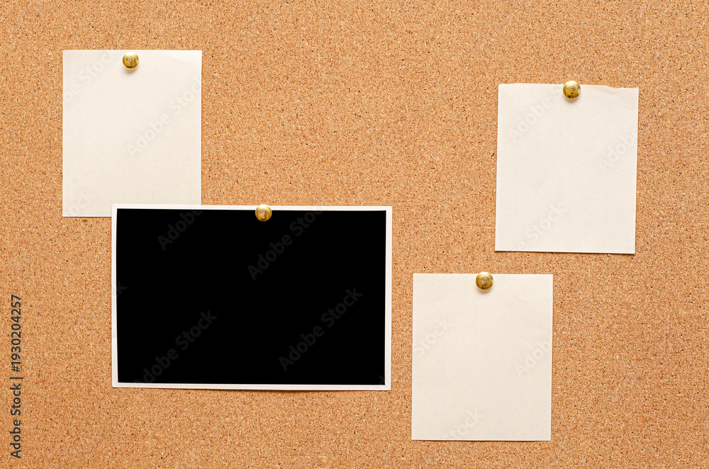 Fototapeta premium Blank paper notes and an empty photo are pinned to a cork board. The concept of detective investigation or a webinar.