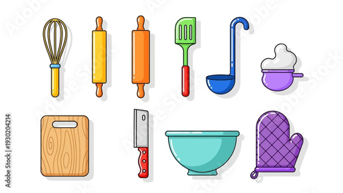Kitchen utensils and tools for cooking and baking on white background
