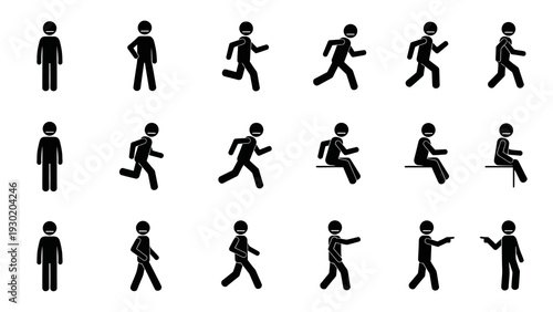 Black stick figures in various poses and actions on white background