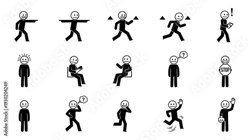 Stick figures people various emotions actions and expressions on white background