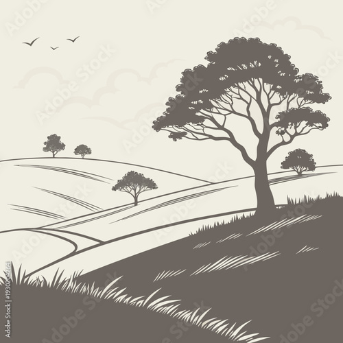 Rustic Monochromatic Landscape Illustration with Rolling Hills, Scattered Trees, and Birds in a Calm Sepia Tone, Peaceful Countryside Scene