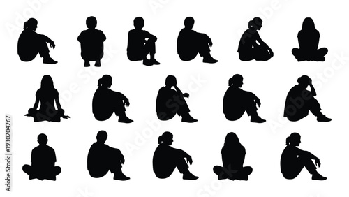 A group of people sitting in various positions isolated on white background, Vector