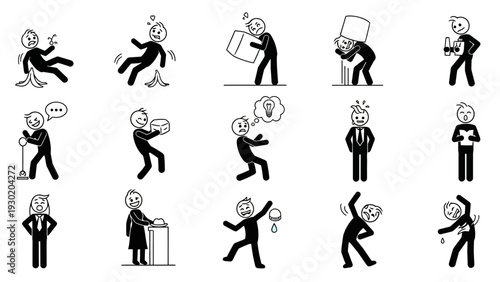 Various office workers expressing emotions through vector graphic illustrations in a business setting