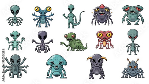 Colorful vector illustration of various alien creatures with unique features and expressions