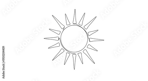 Minimalist Sun Line Art Icon, Continuous Line Drawing of Solar Star Symbol, Simple Vector Illustration