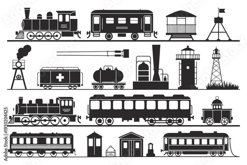 Black and White Illustration of Various Train Transportation Vehicles and Railway Infrastructure Elements, Including Locomotives, Passenger Trains, Freight Cars, Tracks, and Signals