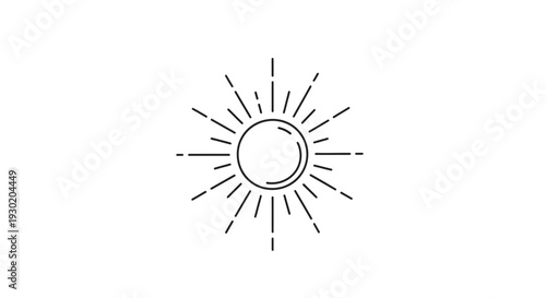 Minimalist sunburst line art icon, radiant light rays emanating from a central circle, clean vector graphic