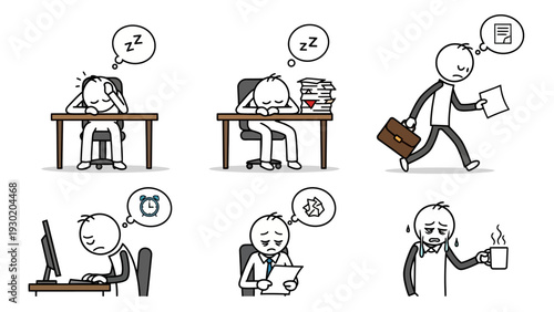 Employee stress and fatigue at office workspace with people feeling tired