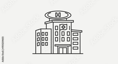 Modern Hospital Building Exterior with Helipad and Flag - Line Art Icon