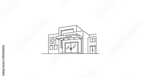 Modern Hospital Building Entrance with Double Doors and Signage