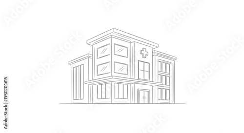 Modern Hospital Building Exterior Sketch, Medical Healthcare Facility Architecture