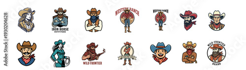 Diverse western themed character icons and avatars featuring cowboys and cowgirls for logos applications and digital media branding