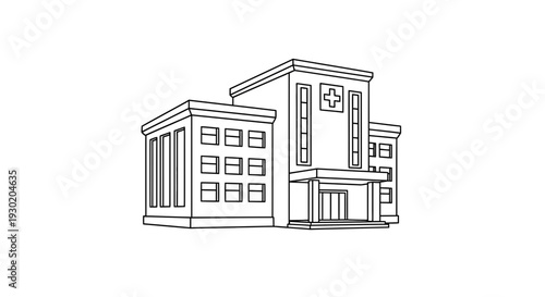 Modern Hospital Building Exterior, Medical Center Facade with Cross Symbol