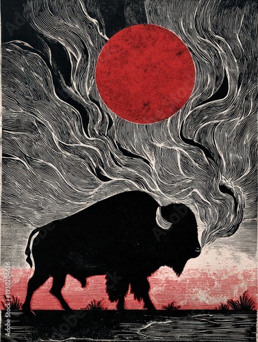 Majestic Buffalo Silhouette Against a Fiery Red Sun and Whimsical Sky