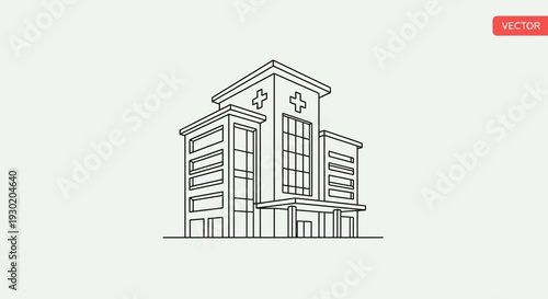 Modern Hospital Building Exterior, Medical Center Facade, Healthcare Architecture Line Art