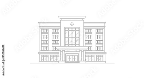Modern Hospital Building Facade with Cross Symbol - Architectural Line Drawing