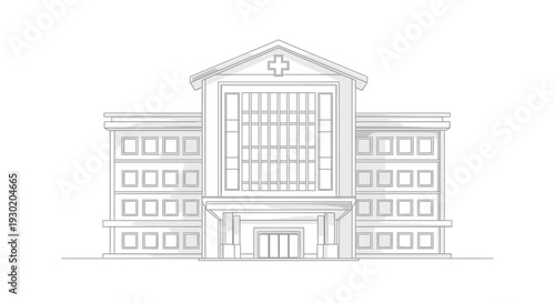 Modern Hospital Building Facade with Cross Symbol, Architectural Sketch