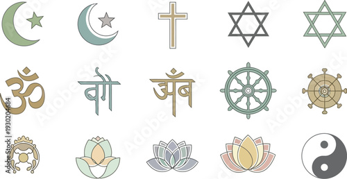 A collection of various religious symbols on a white background