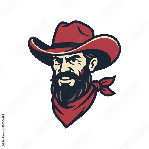 Vigorous bearded man in a red cowboy hat and bandana mascot design perfect for sports teams branding and Western themed businesses