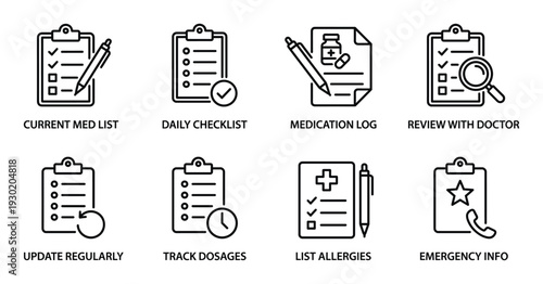 Clipboard icons on transparent background for medical lists, checklists, logs, doctor reviews and allergies