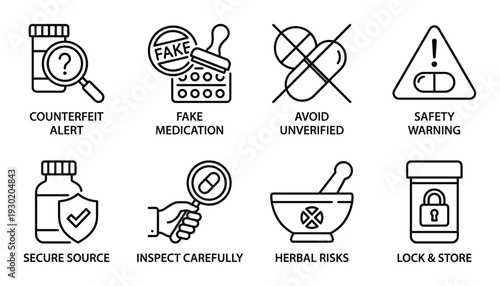 Counterfeit medication alert icons with fake medicine warning and secure supply source verification