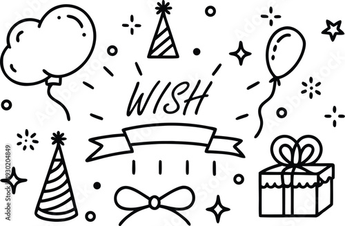 Black outline doodle wish lettering with ribbon, balloon, gift box and party hats illustration