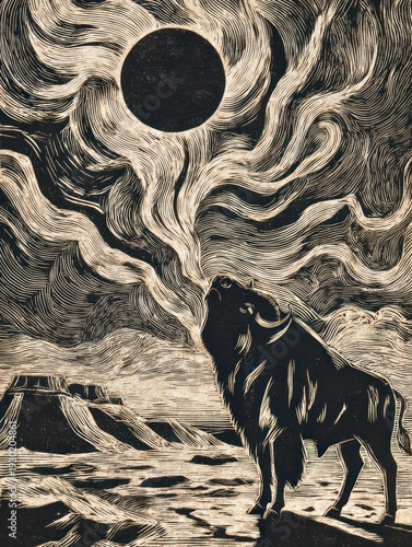 Majestic Bison Under a Partial Solar Eclipse: A Symbol of Strength and Nature's Wonder