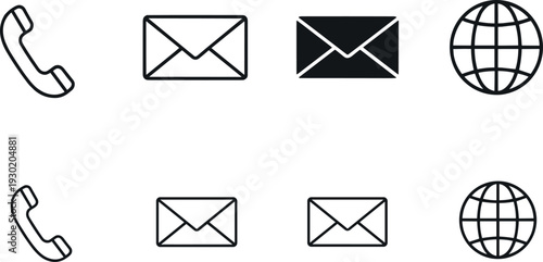 Phone Email and Globe Outline and Filled Icons Set for Contact Communication and Web Symbols