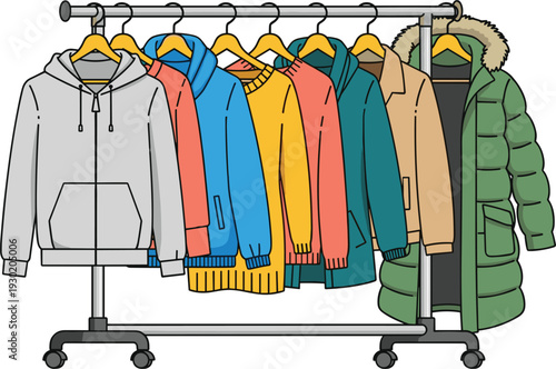 Winter Outerwear and Casual Jackets Hanging on Retail Clothing Rack Vector Illustration for Fashion Store Display Seasonal Wardrobe and Cold Weather Apparel Designs