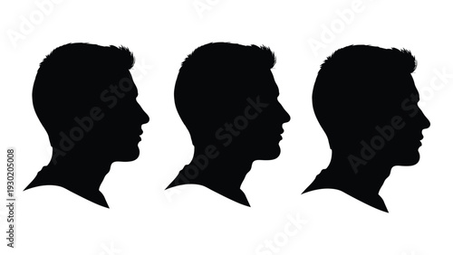 Three black silhouettes of men's heads in profile isolated on white background, Vector