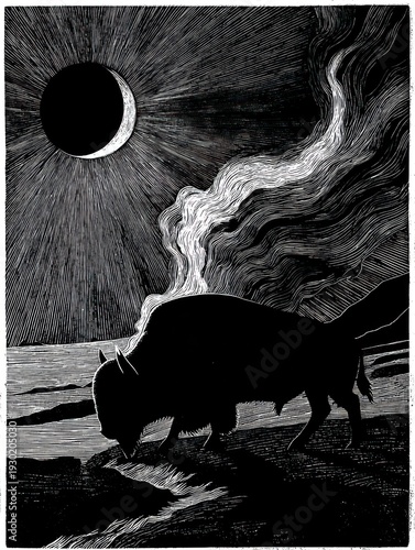 Majestic Bison Under Celestial Moonlight: A Serenity Captured in Nature's Embrace