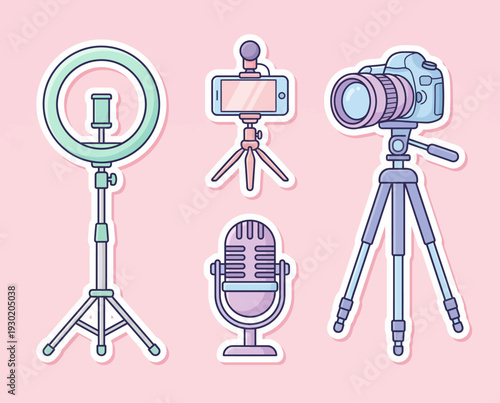 Collection of photography and videography equipment on tripods.