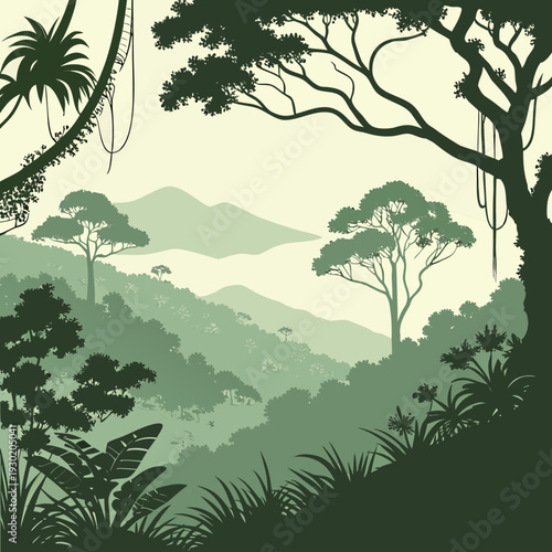 Immersive deep jungle landscape illustration featuring lush trees, hanging vines, and distant mountains across a verdant valley in a calming green monochromatic palette.